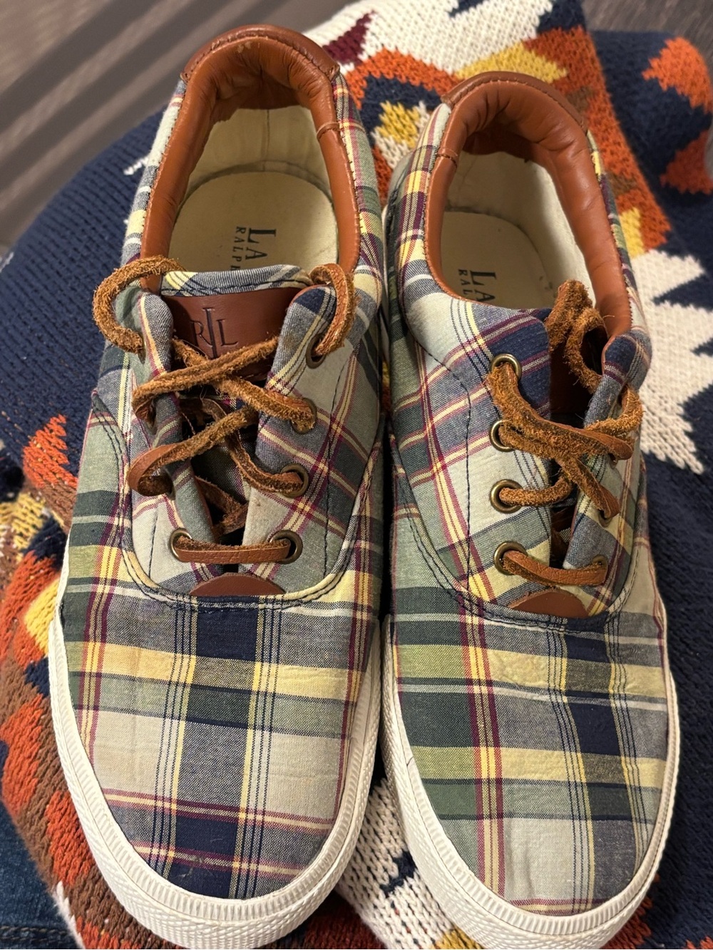 Uniquely plaid Polo shoes by Lauren Ralph Lauren with rawhide laces size 7.5